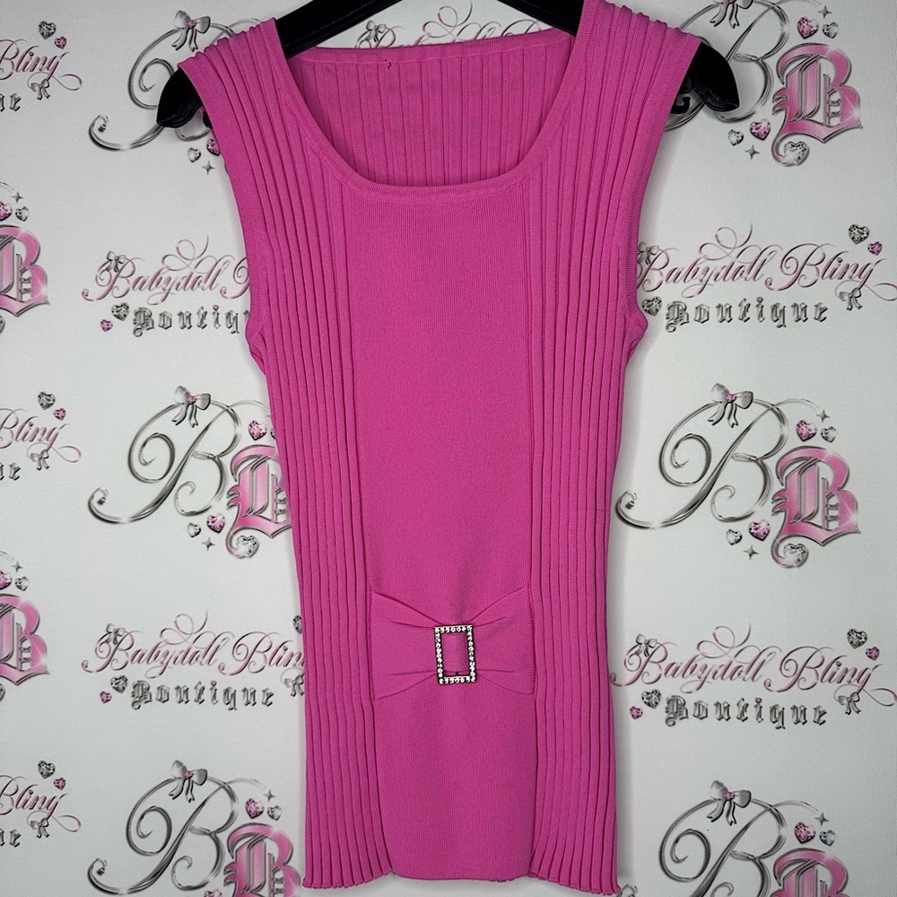 Top tank belt rhinestone bling detail crystals stretchy ribbed sleeveless blouse